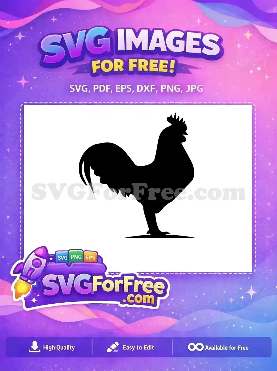 A striking free black rooster silhouette standing proudly, showcasing intricate feather details. Ideal for farm-themed free designs.