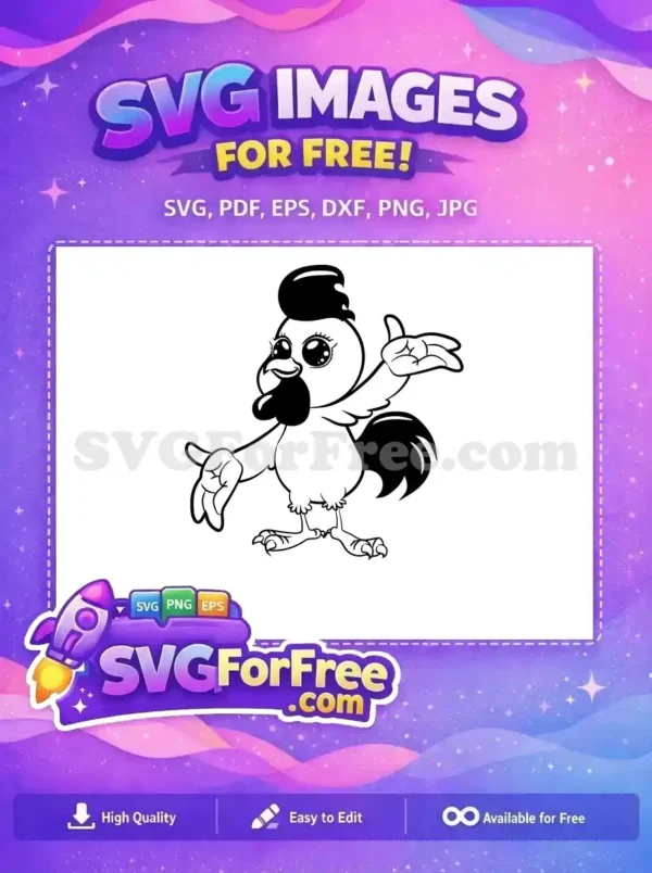 Free Cute Cartoon Chicken SVG Design – Your Free Vector Fun! A charming free cartoon chicken SVG, black and white, with outstretched wings, big eyes, ready for any free craft project.