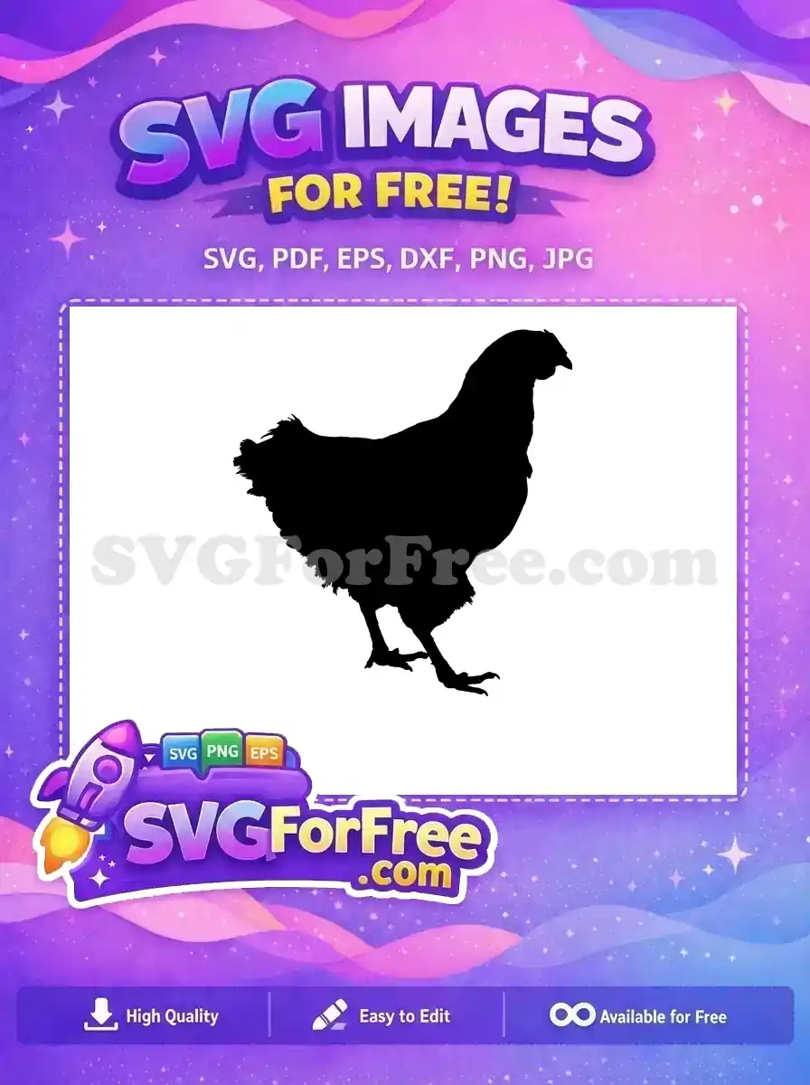 A striking free black chicken silhouette, standing gracefully. Ideal for farm-themed projects and creative crafting, easily downloadable SVG.