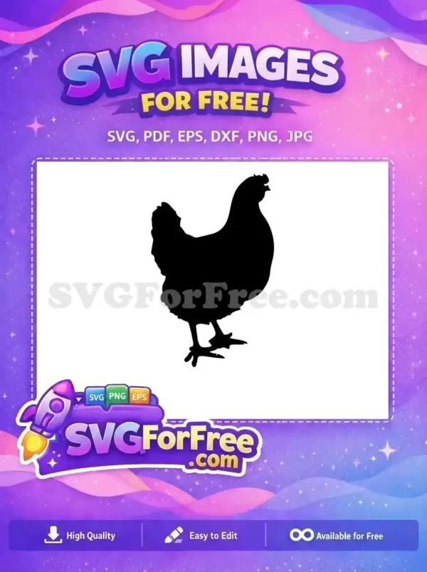 A striking free chicken silhouette SVG, perfect for farm-themed crafts, available for instant download and use.