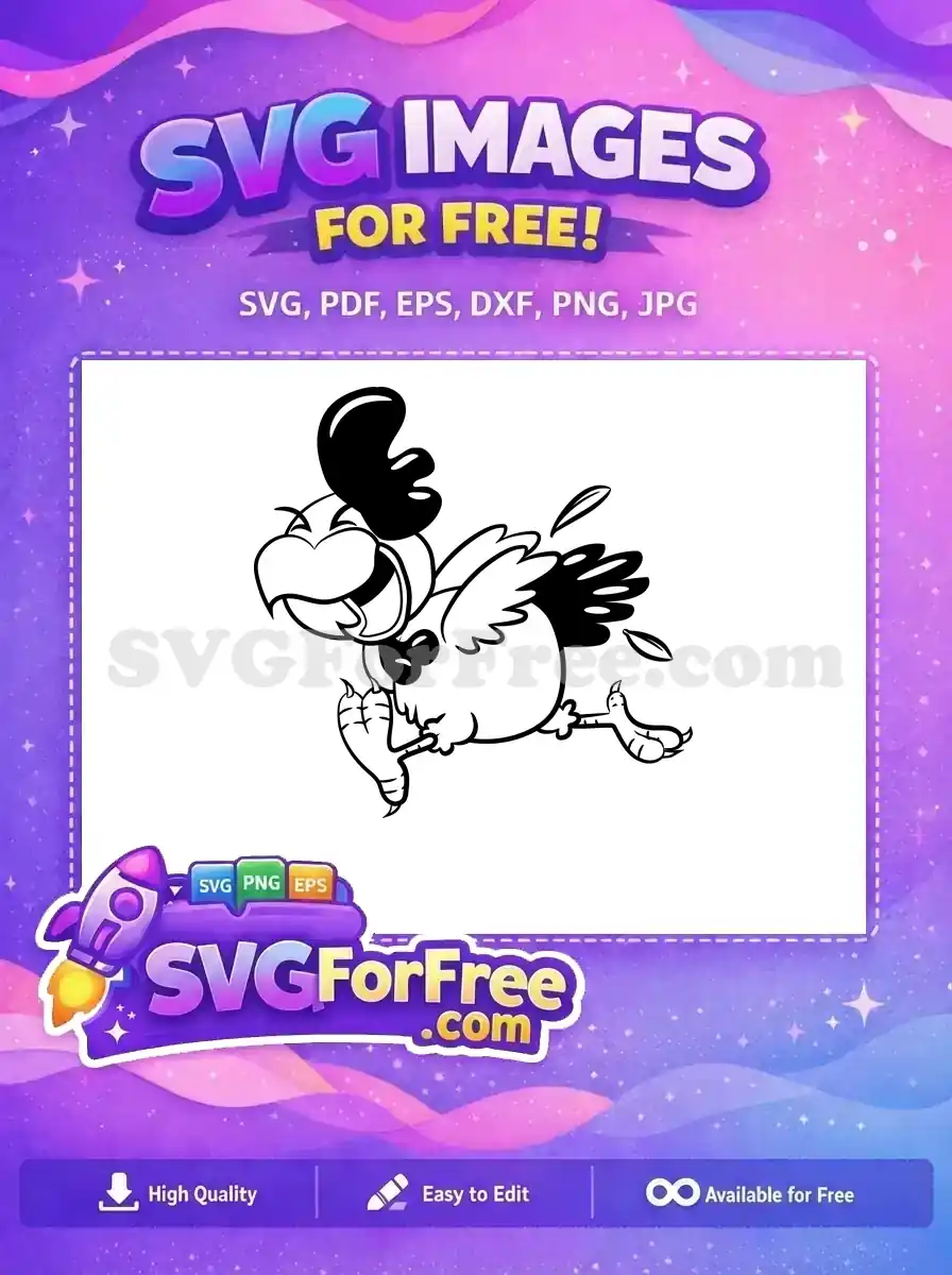 A free running cartoon chicken SVG, featuring exaggerated black and white outlines, perfect for playful free designs and crafts.