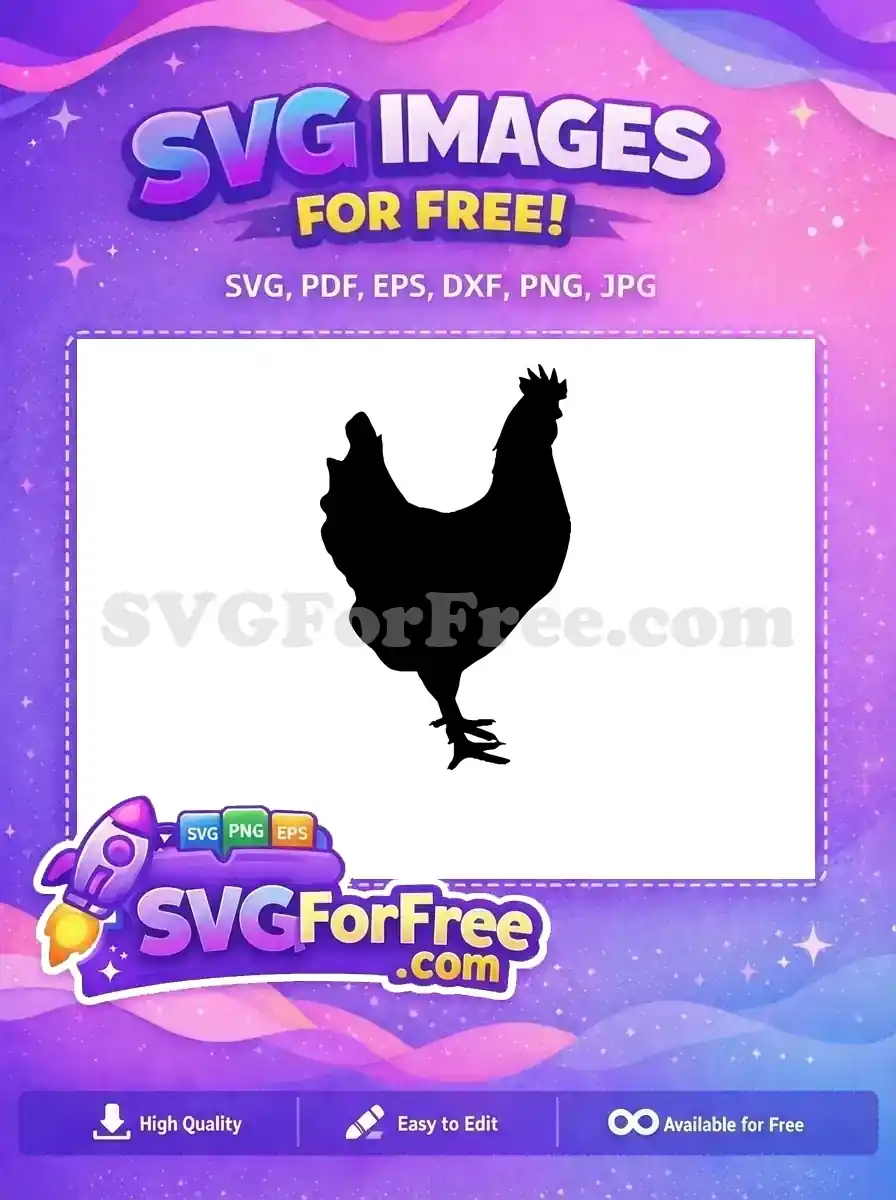 A striking black silhouette of a chicken, offered as a free design. Ideal for crafts, decor, and digital projects.