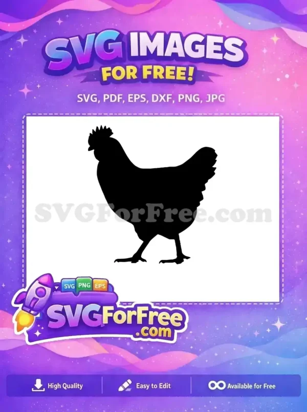 Free Chicken Silhouette Design – Versatile SVG Vector A detailed black silhouette of a standing chicken, a fantastic free design for crafts and personal use. Download this free SVG.