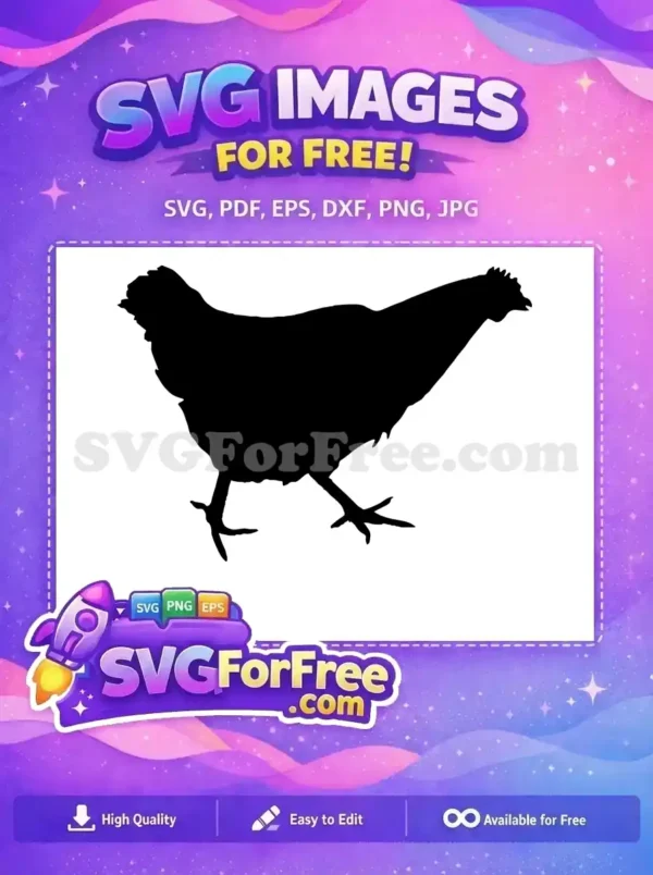 A striking free SVG silhouette of a hen walking, ideal for various creative projects. Download this versatile farm animal design for free.