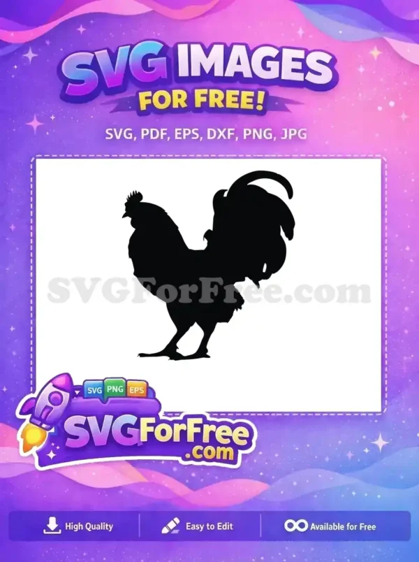 A striking free black silhouette of a rooster, designed for versatile use. This free design is ideal for various projects.