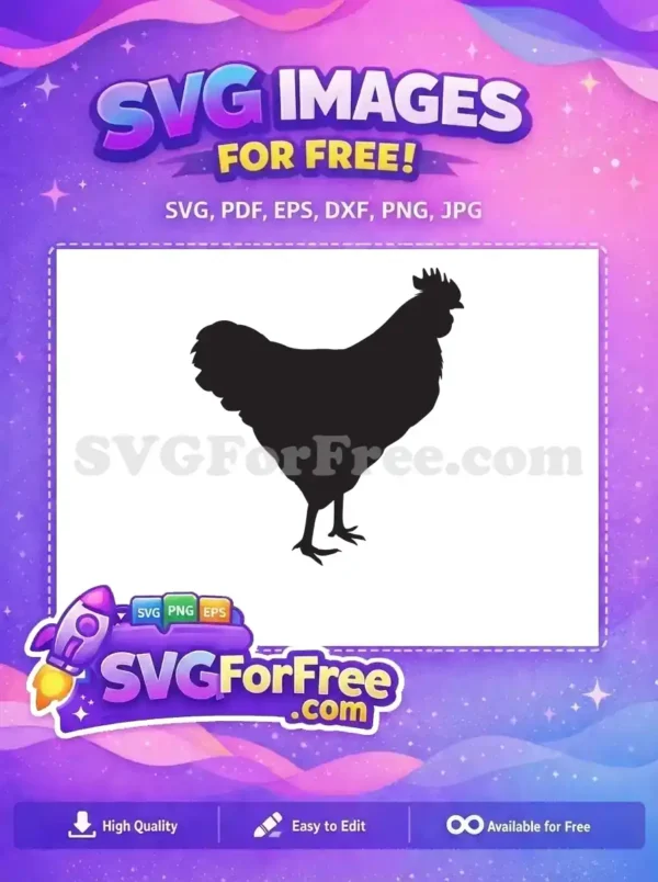 A clear, free black chicken silhouette, perfect for farm-themed crafts, signs, or digital designs. Download this free SVG now!