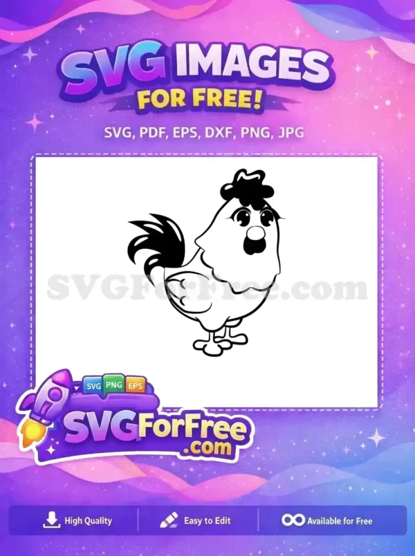 A charming free cartoon rooster SVG in black and white, featuring big expressive eyes and a fluffy crest. Perfect free farm animal design.