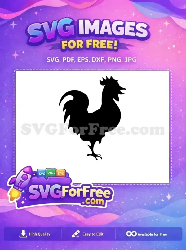 A free bold black rooster silhouette, crowing proudly, ideal for farm-themed designs. This free SVG is ready for your creative projects.