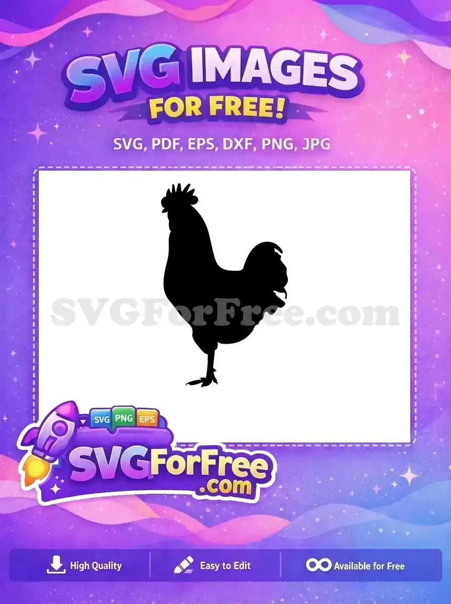 A majestic black rooster silhouette, a free design offering versatile use for crafts, logos, and farm decor. Download this free SVG today!