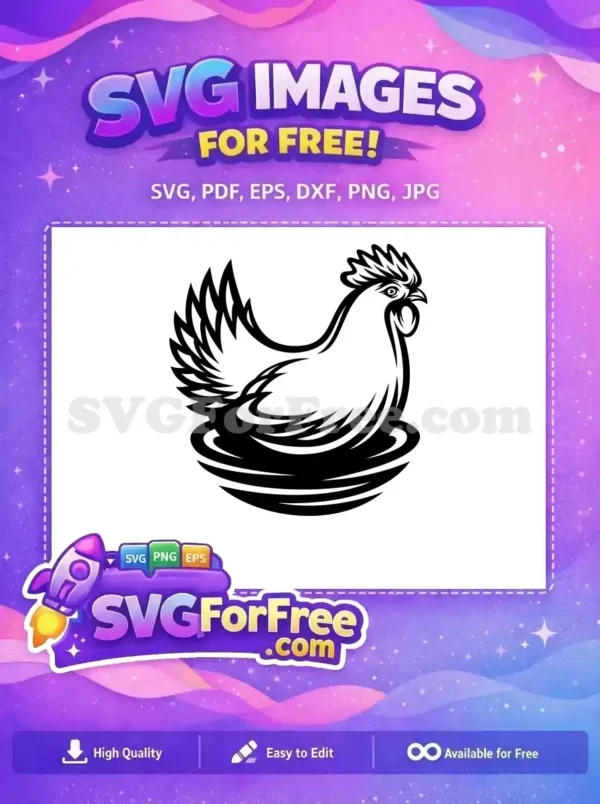 Free chicken on nest SVG art, a bold black and white design perfect for rustic and farm-themed free projects.