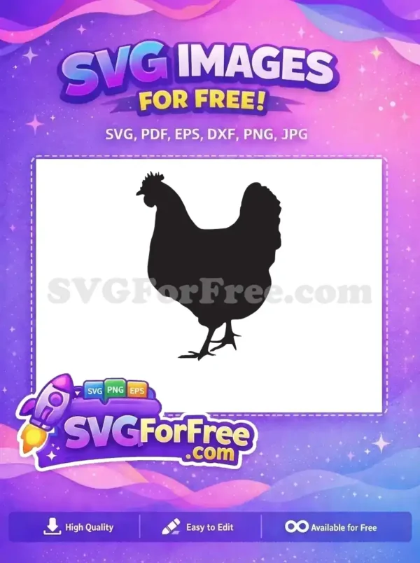 A clear, free black silhouette of a chicken standing, perfect for farm-themed crafts and digital designs. Enjoy this versatile free SVG.