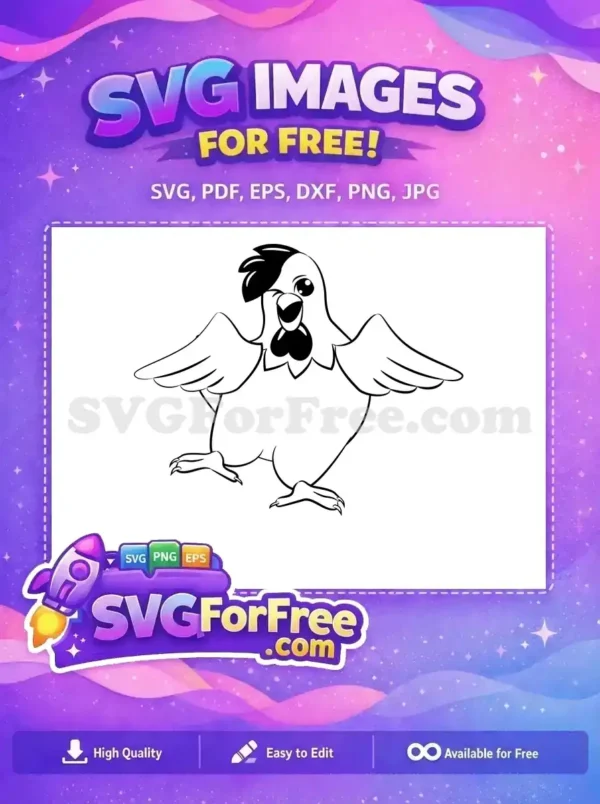 Free Happy Cartoon Chicken SVG Design – Download Now! A cheerful, free black and white cartoon chicken SVG, wings spread, ready to bring joy to your creative projects.