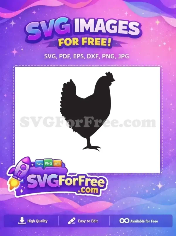 A crisp, free black chicken silhouette SVG, ideal for farm decor, crafts, and digital projects. Download this versatile free design now!