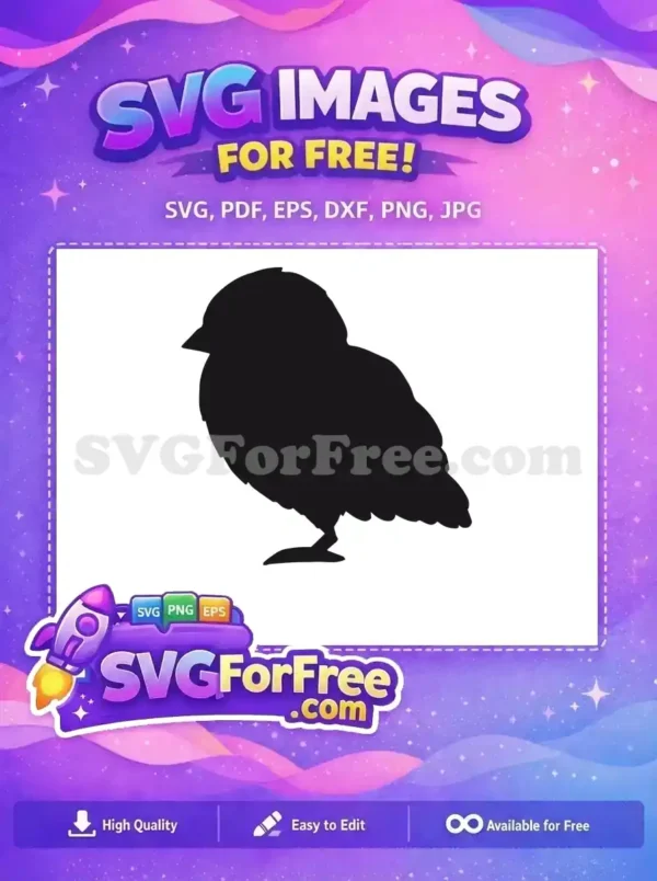 A delightful free SVG silhouette of a fluffy baby bird or chick, facing left with a small beak. Enjoy this free design!