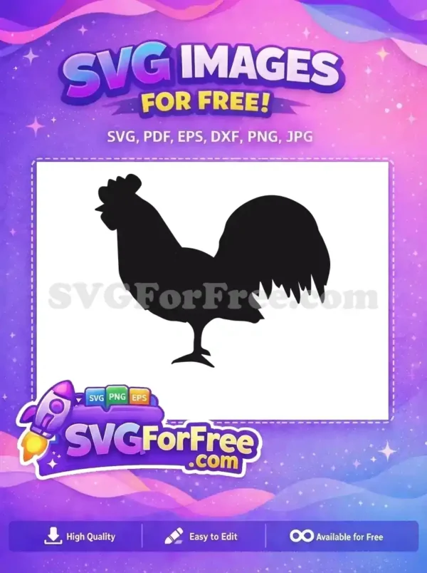 A detailed free rooster silhouette design, showcasing its distinctive comb, wattle, and elegant tail feathers. Ideal for free crafting projects.