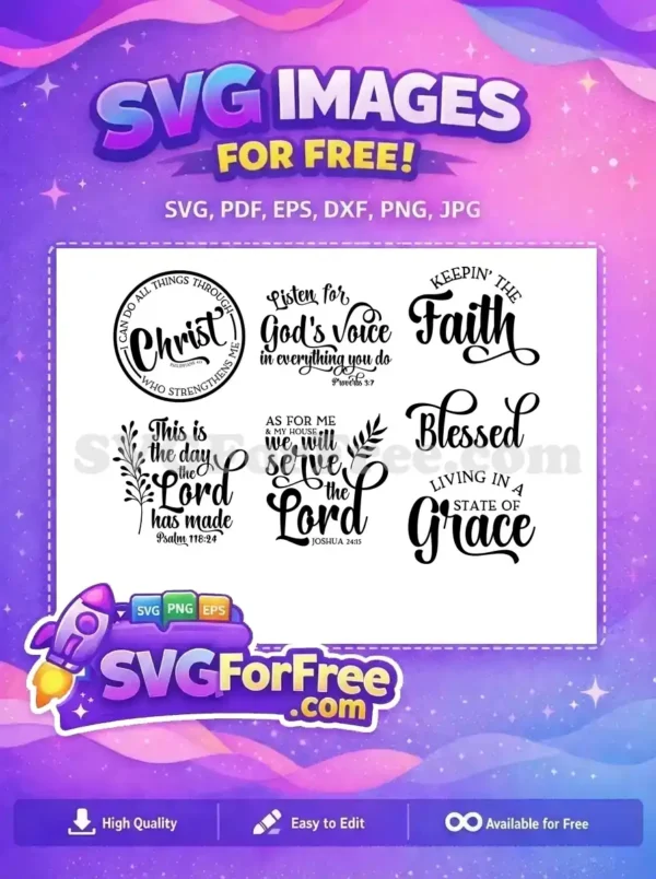 A collection of six free religious SVG designs featuring various scripture quotes and inspirational phrases, ideal for crafting. Download this free bundle.