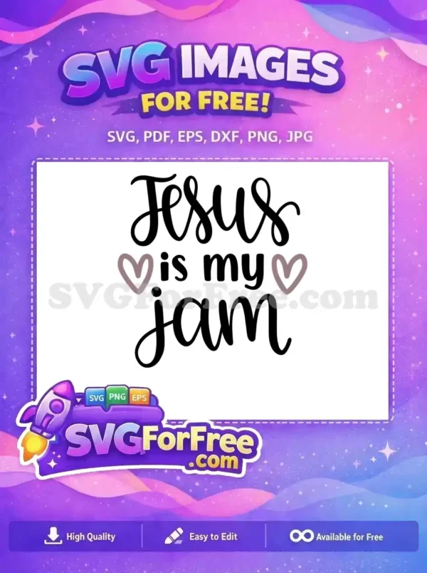 Download this free 'Jesus is my jam' SVG, featuring elegant script and heart accents. Ideal for faith-based crafting projects, available for free.
