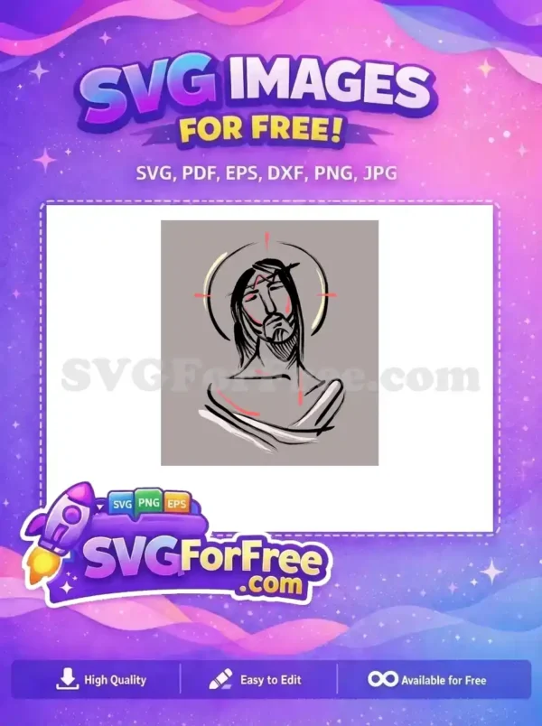 A free brush stroke rendition of Jesus Christ with a crown of thorns and halo, in black, yellow, and red on taupe. This free design is highly impactful.