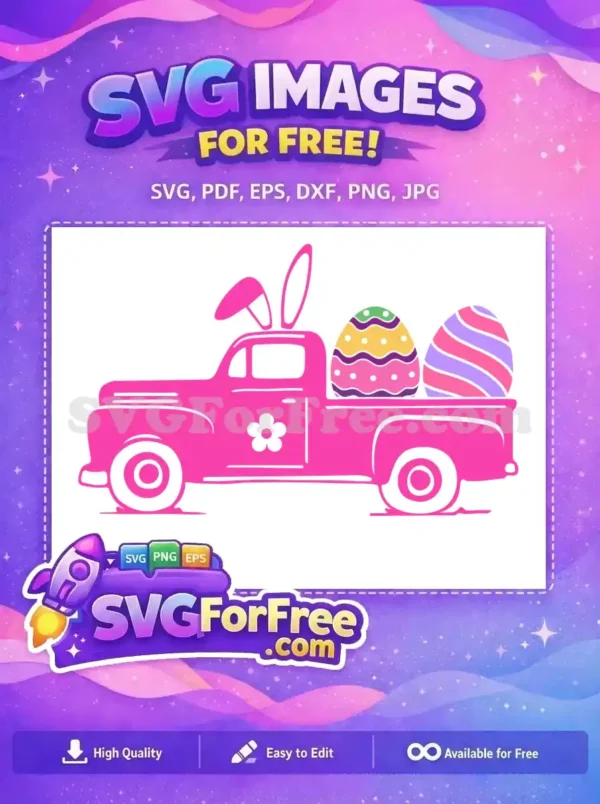 A vibrant pink vintage truck with bunny ears carrying two colorful Easter eggs, a delightful free design for your projects.