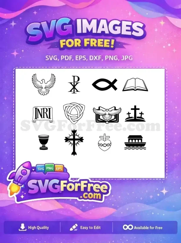 A free design collection of 12 distinct Christian religious symbols, ideal for faith-based projects. Utilize these free vector icons easily.
