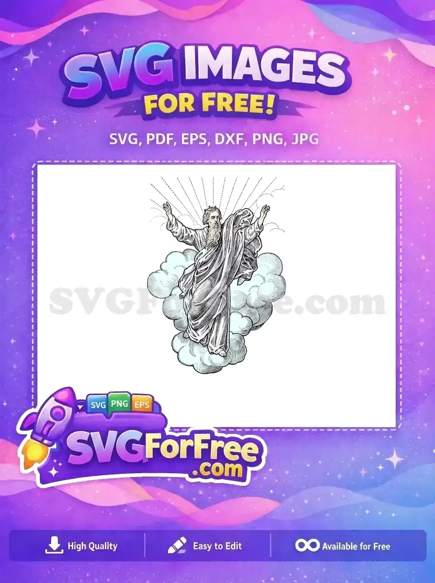 A free SVG of a majestic, bearded divine figure with raised hands on clouds, emitting light, in a vintage engraving style.