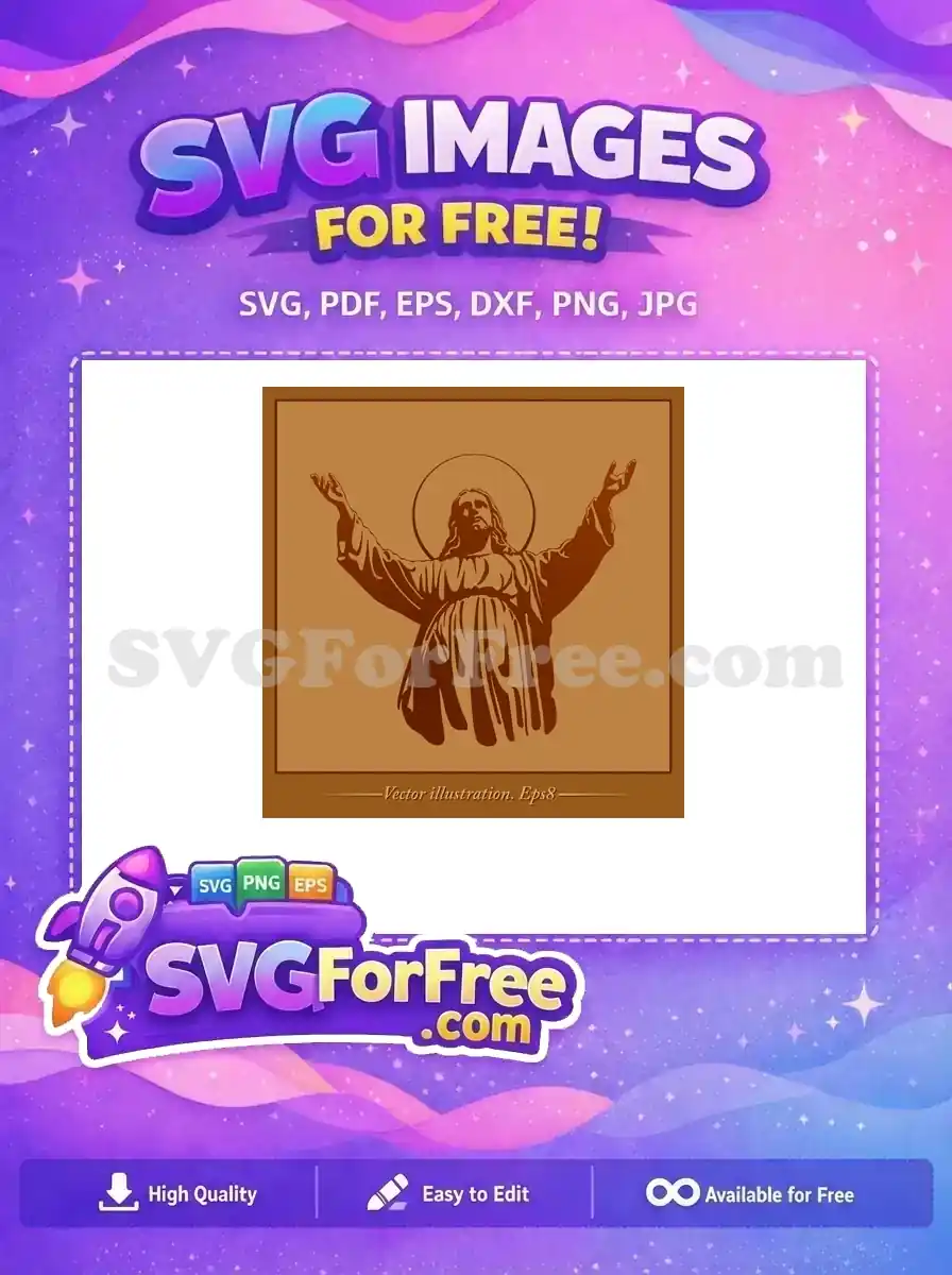 A free vector illustration of Jesus Christ with outstretched arms and a halo, rendered in a warm brown two-tone style. This free design is ideal for spiritual crafts.