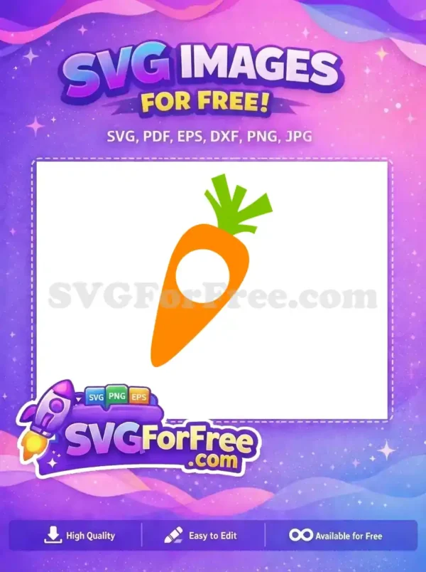 Free vibrant orange carrot SVG with green leaves and a striking white oval cut-out, ideal for playful designs.