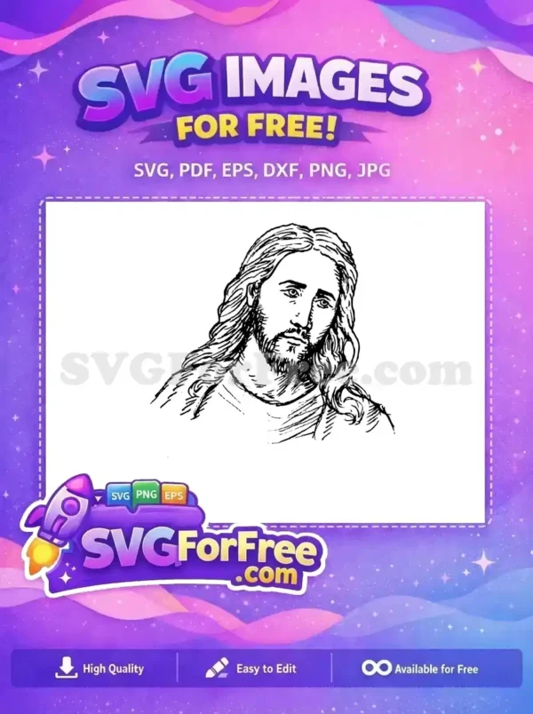 Free Jesus Portrait SVG – Divine Sketch Art Design A free line art drawing of Jesus Christ's head and shoulders, featuring long hair and a beard, in a classic sketch style. Ideal for free religious projects.