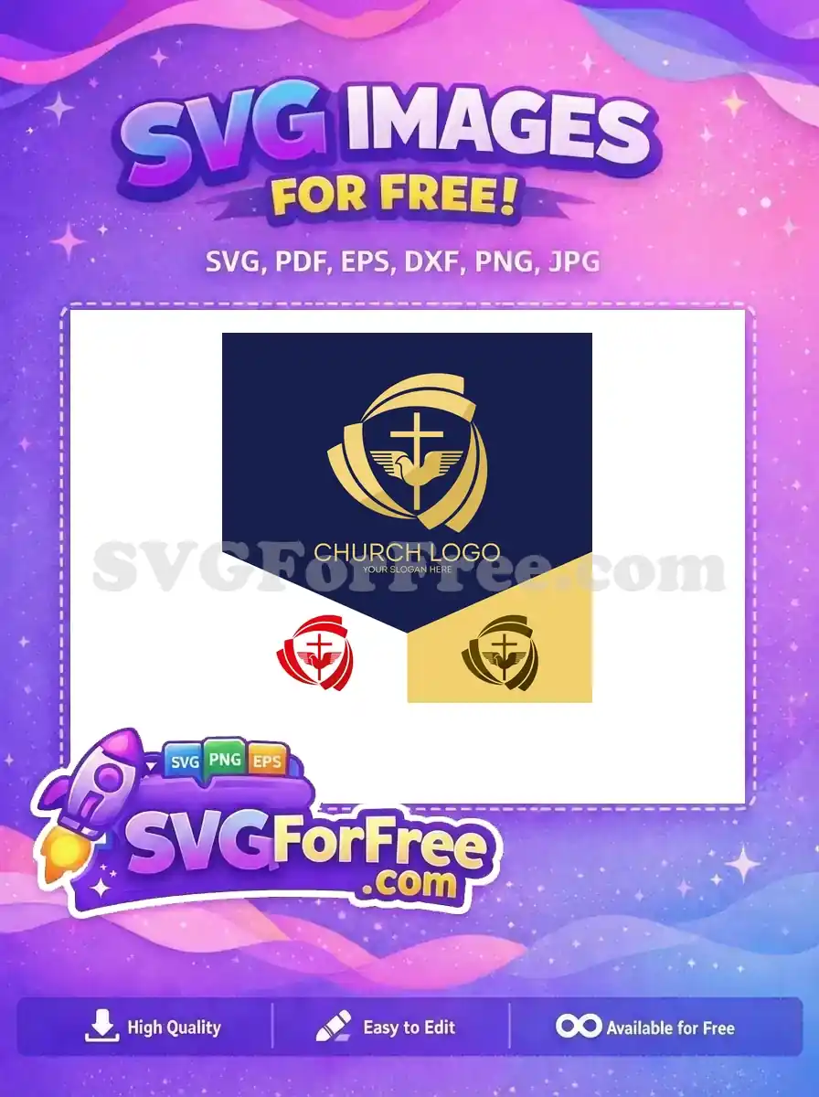 A free church logo design, showcasing a golden cross with a dove in a dynamic circular emblem on dark blue.