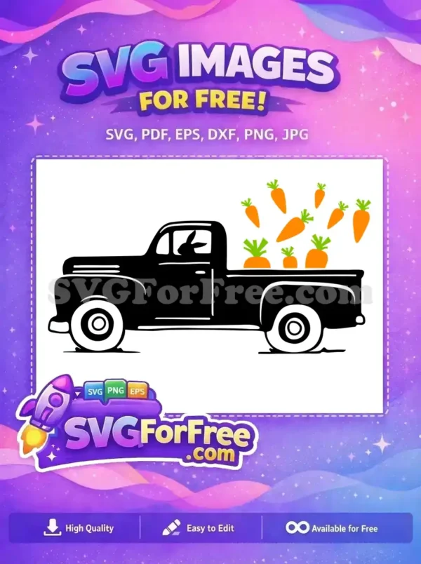 Free Easter Bunny Truck SVG – A Charming Free Design! A whimsical free design of a black vintage pickup truck carrying a load of bright orange carrots, with a bunny driver. Perfect free SVG for Easter projects!