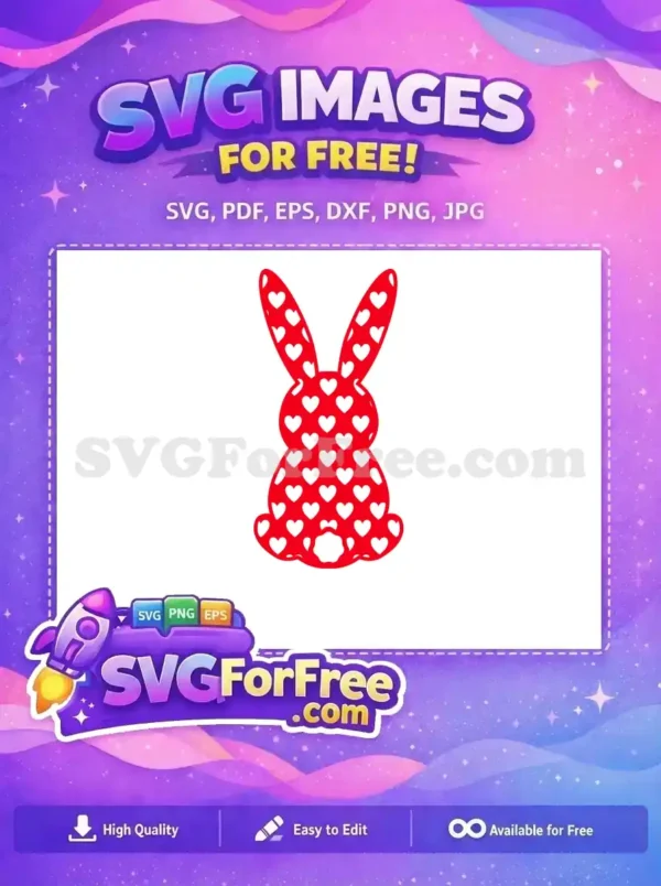 Free Heart Bunny SVG – Adorable Craft Design for Free A delightful free red bunny silhouette, intricately patterned with numerous white hearts. Ideal for romantic or festive free craft projects.