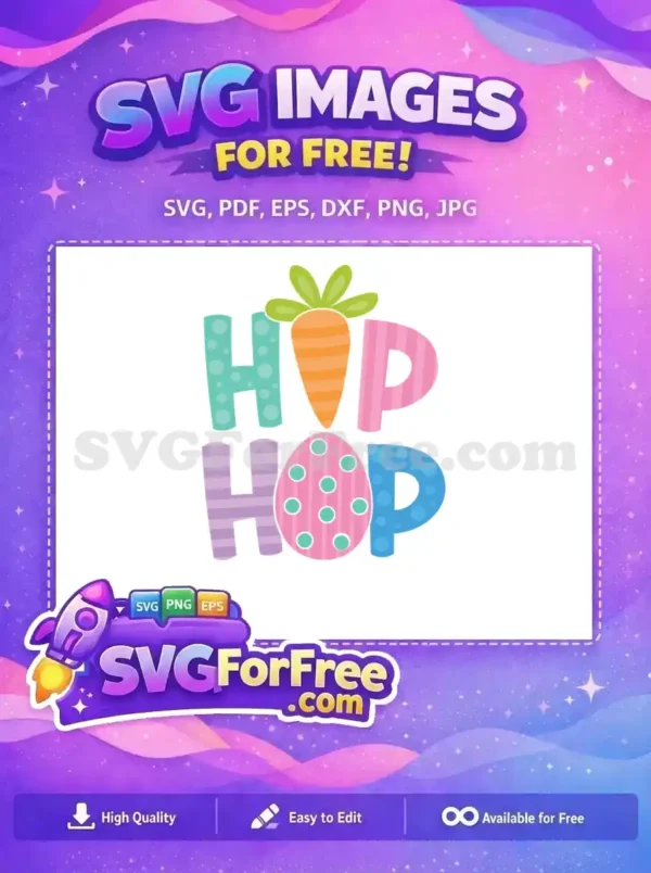 A vibrant free 'Hop Hop' Easter design featuring a carrot and polka-dotted egg, ideal for festive crafts. Download this free design now!