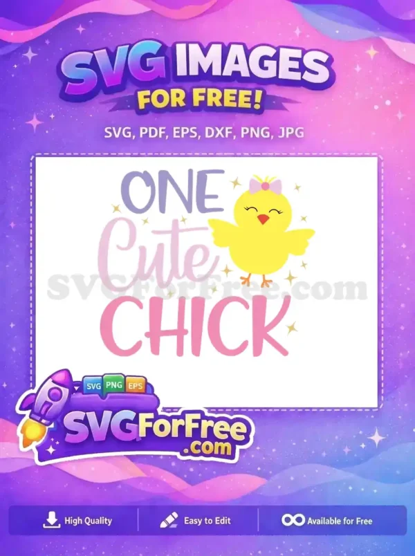 A free SVG design featuring a cute yellow chick with a pink bow and 'ONE Cute CHICK' text, ideal for baby girl's first birthday projects. Download this free graphic now!
