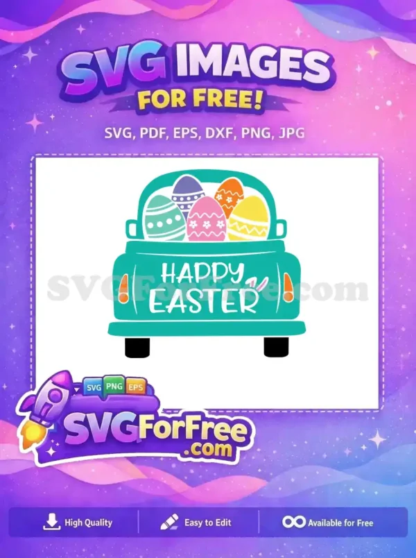 Free Easter Truck SVG: Festive Holiday Design for Crafters A vibrant free Easter truck SVG design featuring a teal vintage pickup carrying five colorful, patterned eggs. Ideal for cheerful holiday creations.