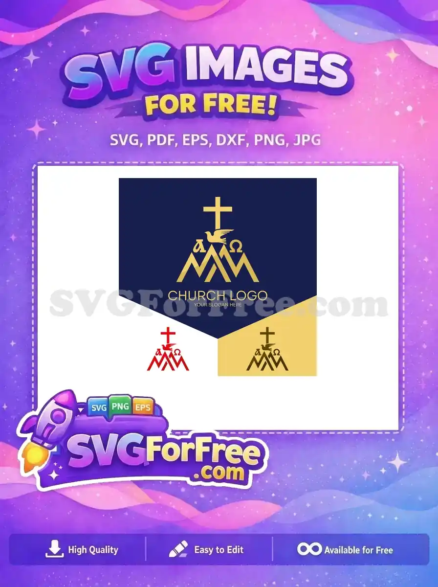 A free modern church logo design featuring a gold cross, dove, Alpha and Omega symbols on a dark blue background.