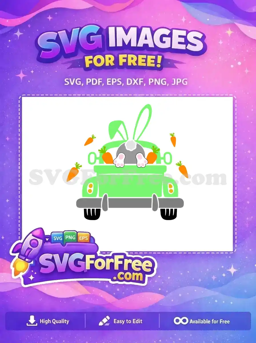 Free SVG: Playful bunny butt in a green truck with carrots, perfect for Easter and spring crafts. This free design brings joy!