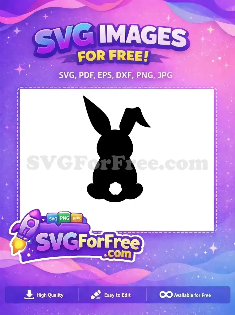 A free design featuring a cute black rabbit silhouette from behind, showcasing its iconic fluffy white tail. Ideal free SVG for crafts.