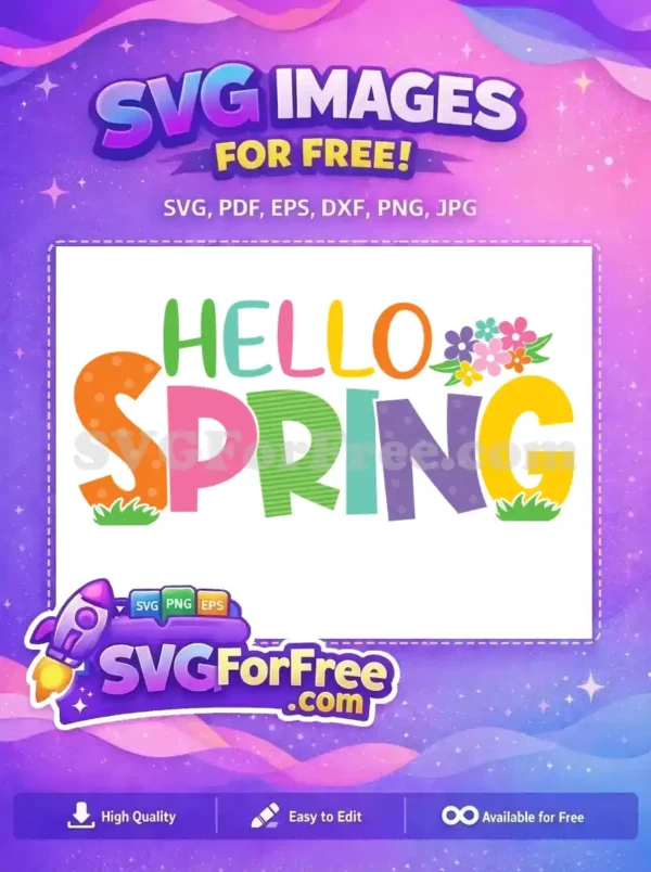 A vibrant 'Hello Spring' free design featuring colorful, patterned letters, cheerful flowers, and green grass.