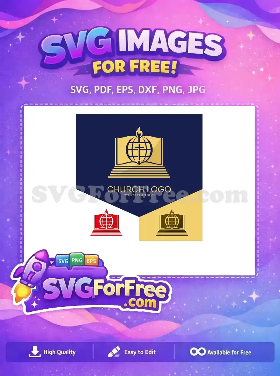 A free church logo design featuring a cross globe, open Bible, and flame in gold, red, and brown variations. Free SVG.