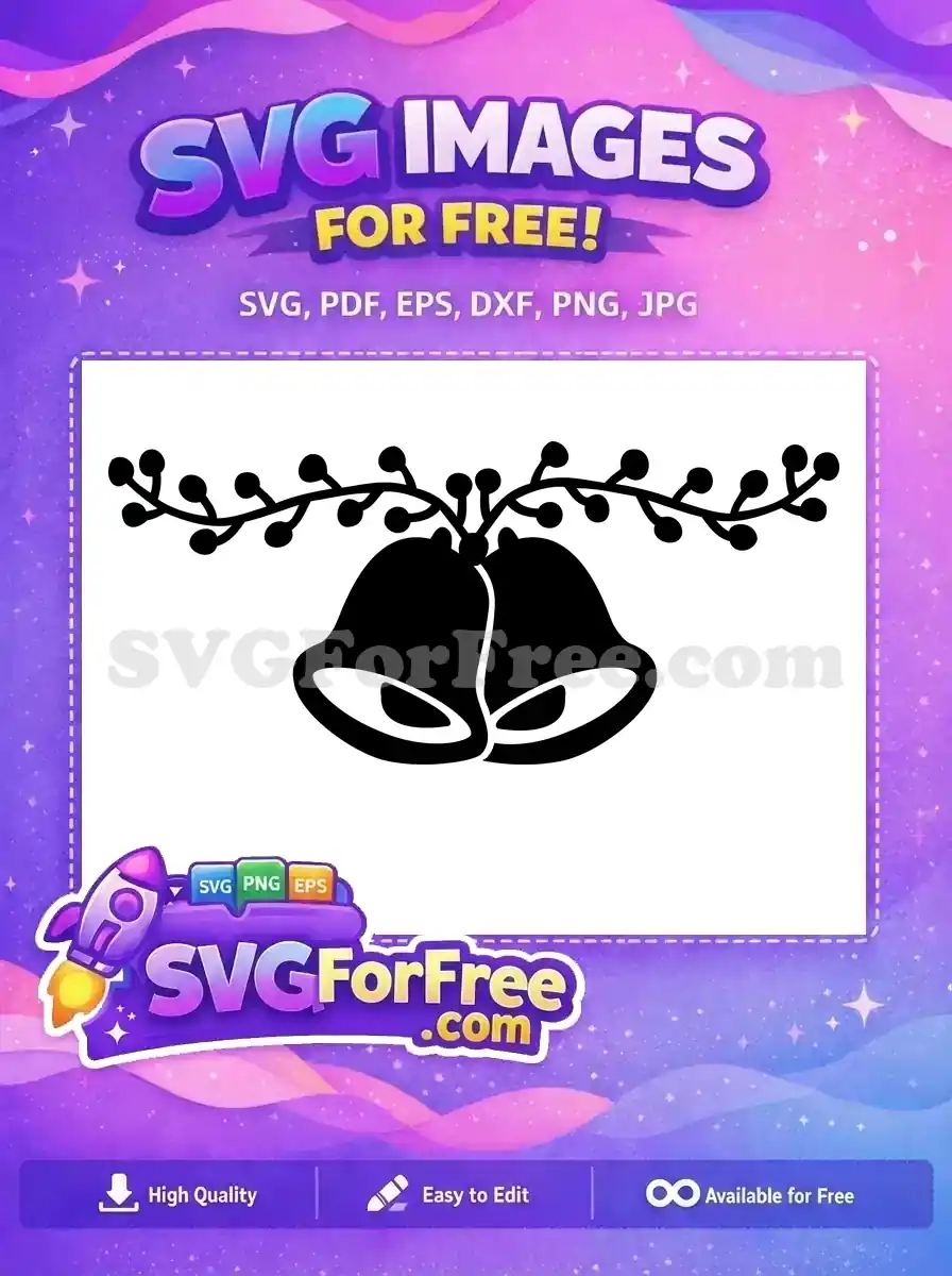 A free festive SVG of two silhouette bells hanging from a berry branch, ideal for holiday crafts and decorations.