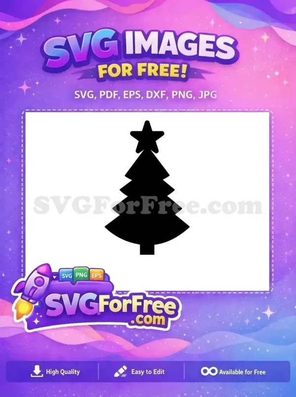 Free Christmas Tree SVG Design with Star Topper for Holidays! A free, minimalist black Christmas tree silhouette with a star topper, ideal for diverse holiday projects and digital crafts.