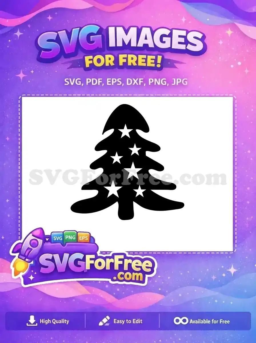 A free black silhouette of a Christmas tree with seven white stars, ideal for festive crafting projects. Download this free design now!