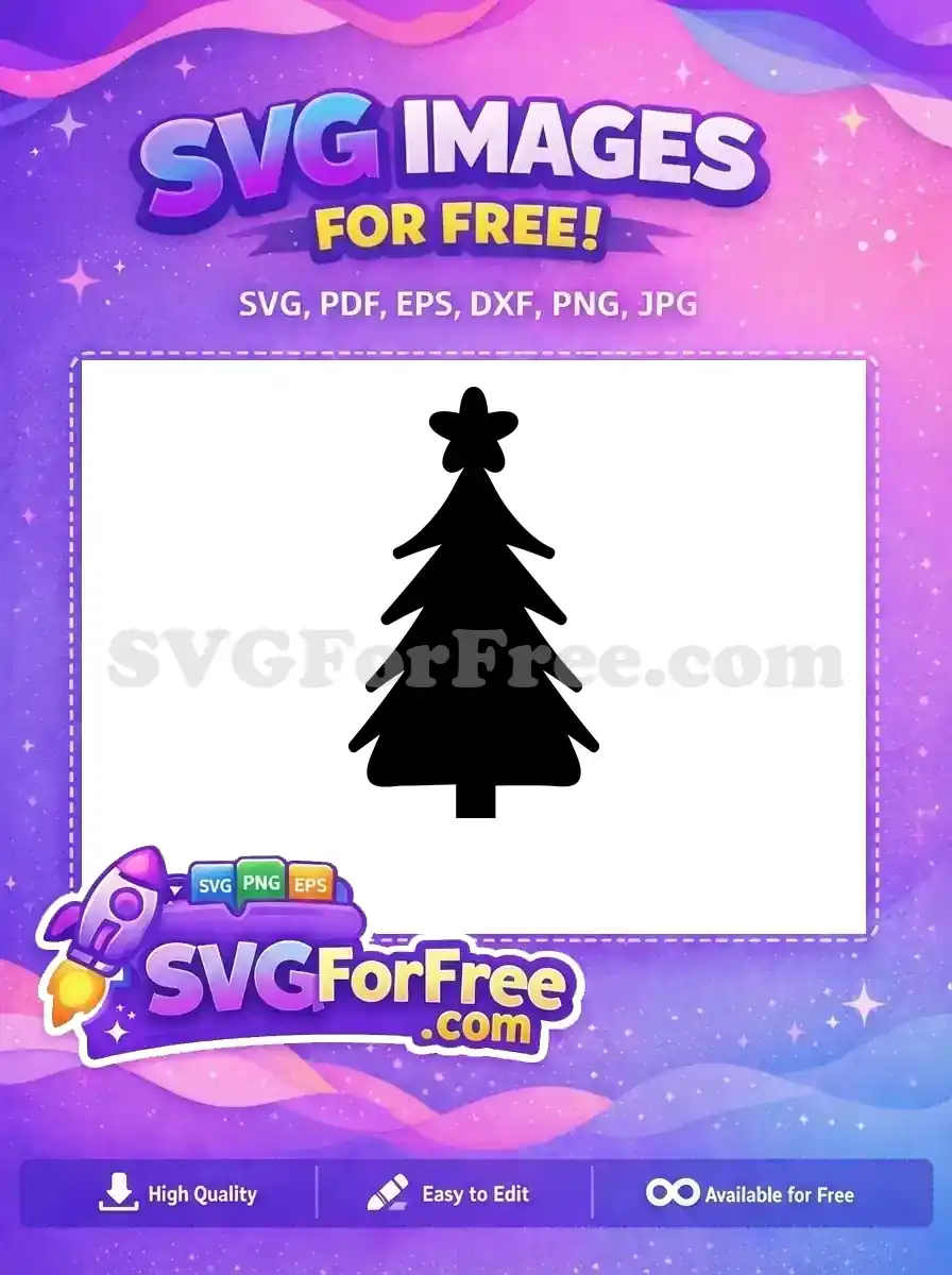 A charming free black silhouette of a Christmas tree adorned with a star, ideal for festive craft designs. This free vector is perfect for holiday projects.