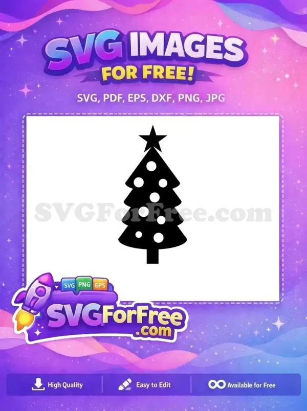 A clean, free black Christmas tree SVG with white ornaments and a star, ideal for festive digital crafts. Download this free holiday design now.