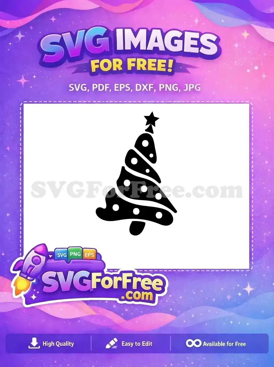 A stylized black and white free Christmas tree SVG icon, featuring a star topper and decorative ornaments. Free for download!
