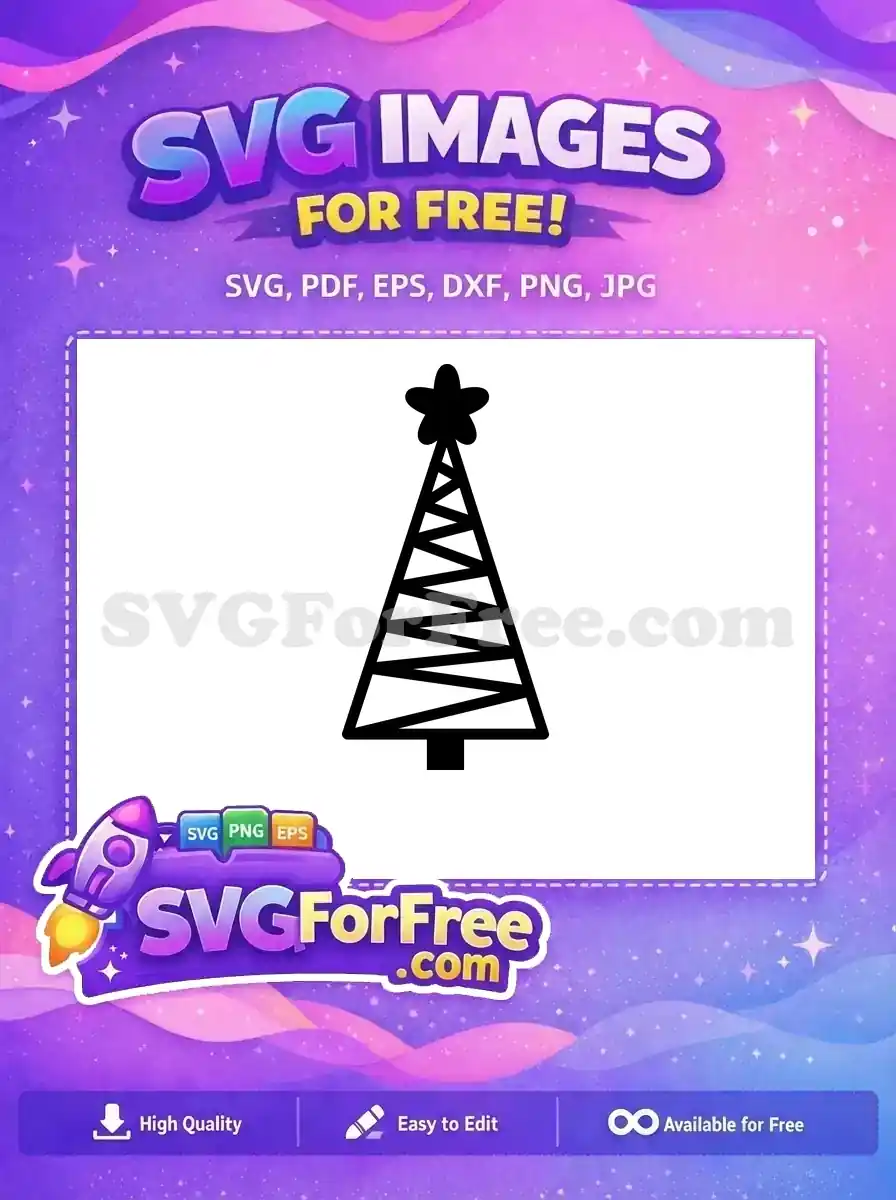 A free minimalist black outline Christmas tree design, featuring a geometric zig-zag pattern and a solid star topper, perfect for festive projects.