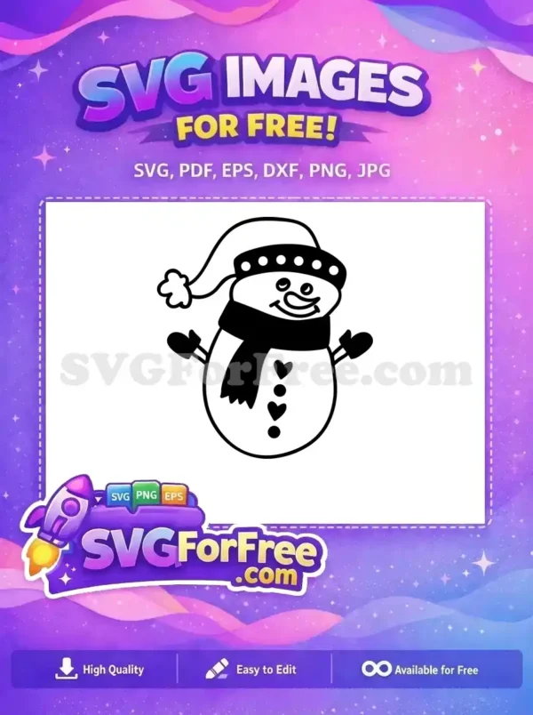 Charming Free Snowman SVG Design for Winter Crafts A cheerful free outline snowman, wearing a festive hat, scarf, and mittens. This free design is perfect for winter crafts. Free SVG!