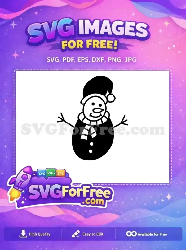 Free Snowman SVG Design – Cheerful Winter Craft Element A delightful free snowman design, featuring a classic friendly character with a hat, scarf, and stick arms, ready for winter fun.