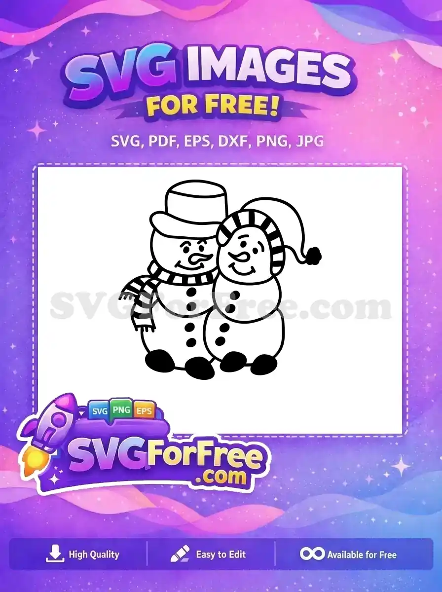 A delightful free design featuring two smiling cartoon snowmen, one with a top hat and scarf, the other with a winter cap, radiating festive cheer.