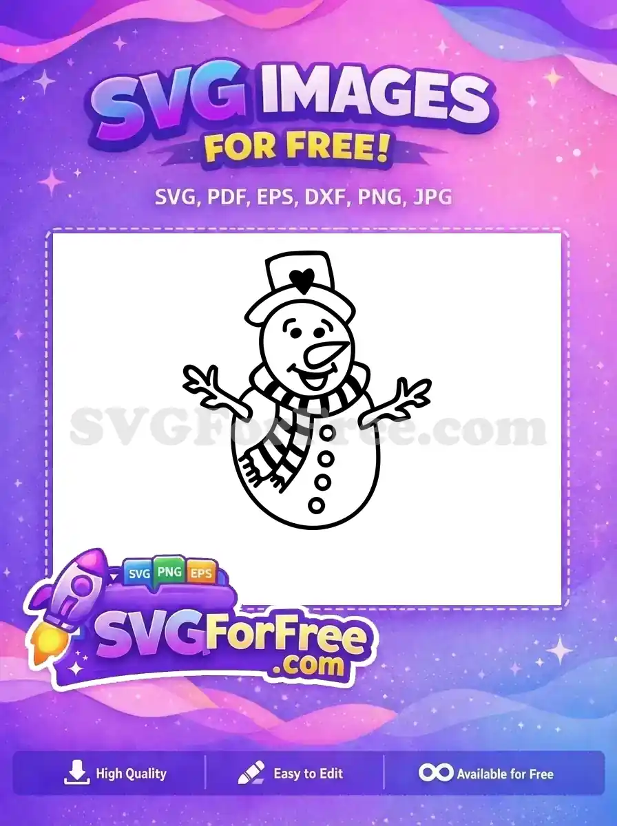 A charming free cartoon snowman in black outline, wearing a top hat with a heart and a striped scarf. Ideal free holiday craft SVG.